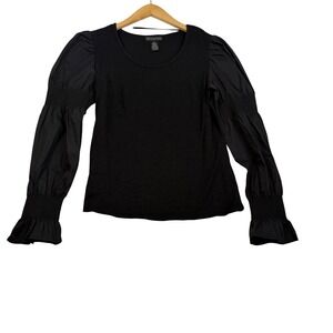 Design365 Black Smocked Puff Sleeve Mixed Media Scoop Neck Top MENQ0112002 S